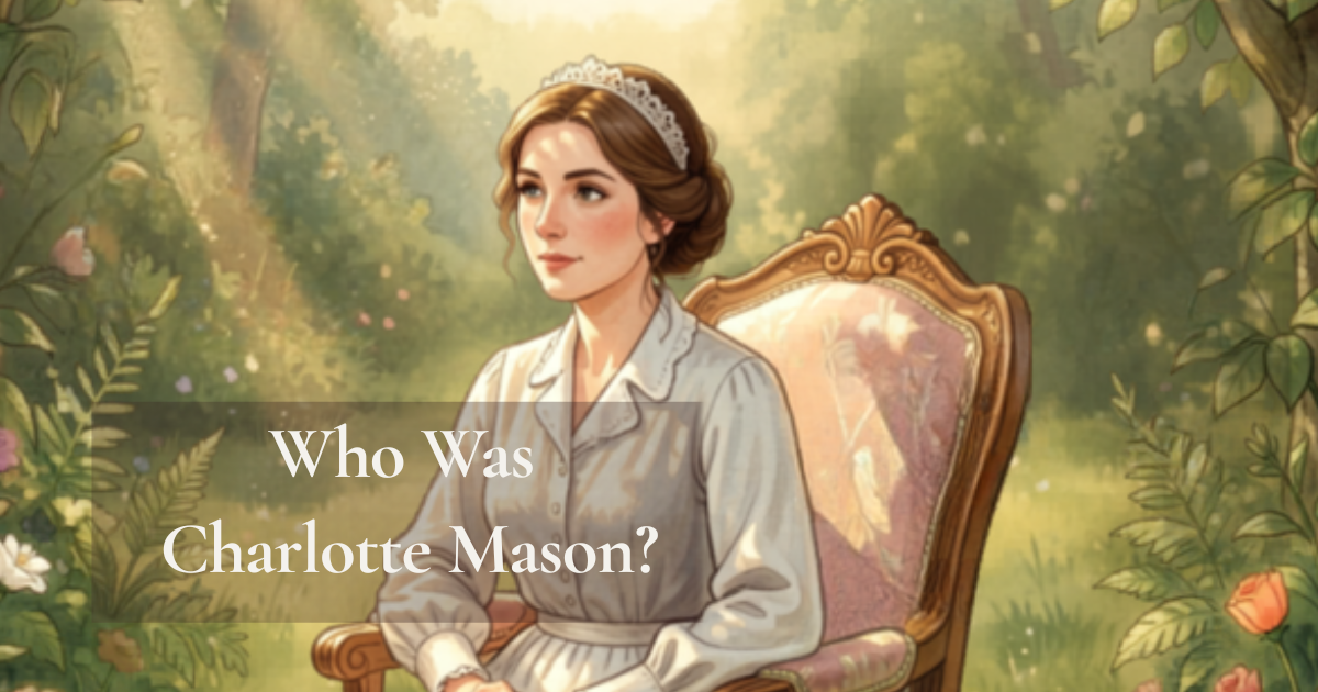 Young Charlotte Mason sitting in a field with light shining downon her.
