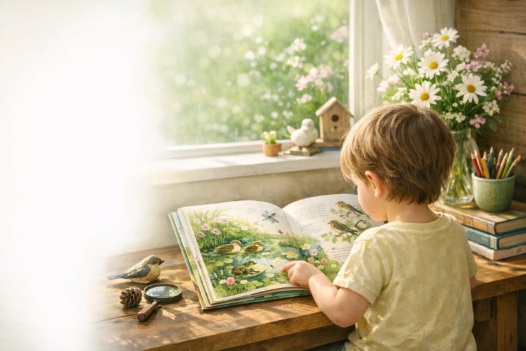 Young boy reading in front of a bright window
