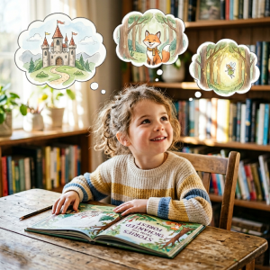 A young child looking thoughtful while reading, with story scenes in thought bubbles representing reading comprehension strategies for kids.