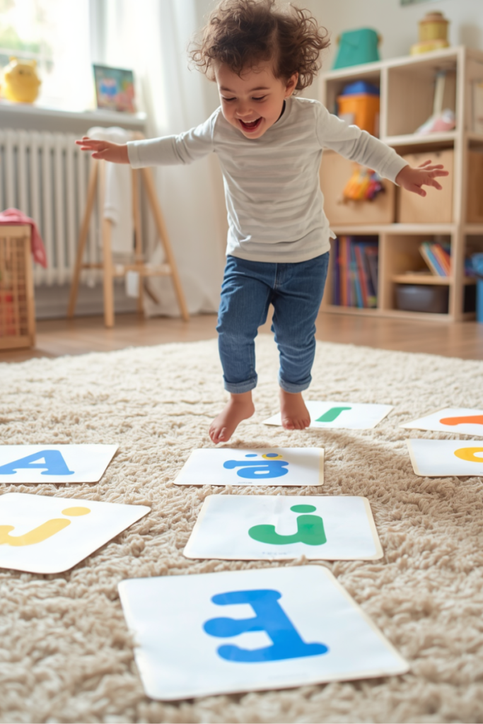 Preschooler jumping on letters while practicing phonics skills.