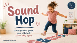 A cheerful child jumping on alphabet letters with the text