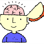 Carton boy with a fliptop head open with brain exposed.