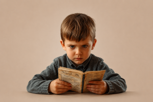 Struggling reader with a look of frustration on his face