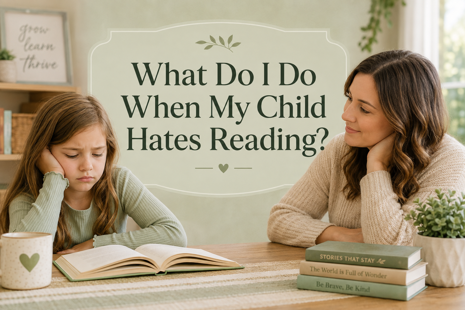 A mother and child sitting together struggling through a reading session. The mother is thinking, what do I do when my child hates reading?